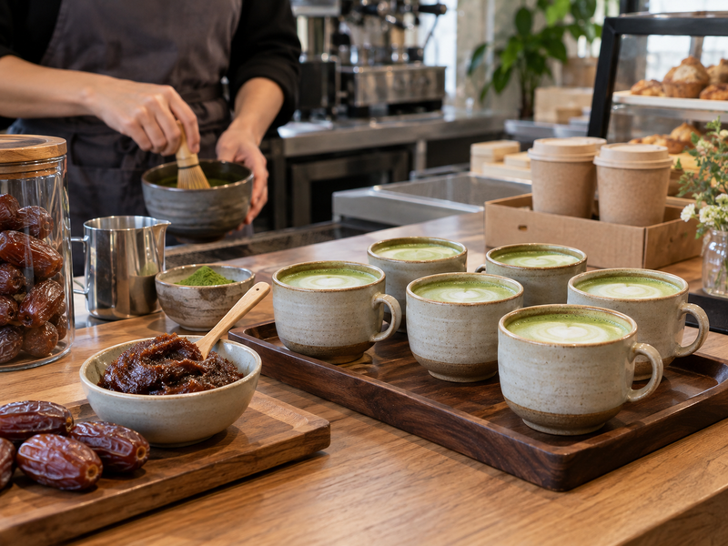 Iced matcha date latte in a clear cup with visible date milk layer