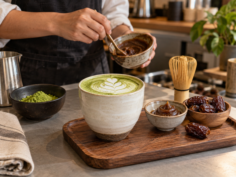 Cost sheet with weighed dates, milk and matcha for café purchasing