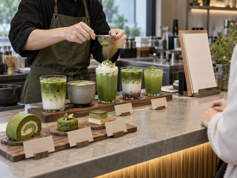 Two matcha powders are tested in straight tea and milk drinks