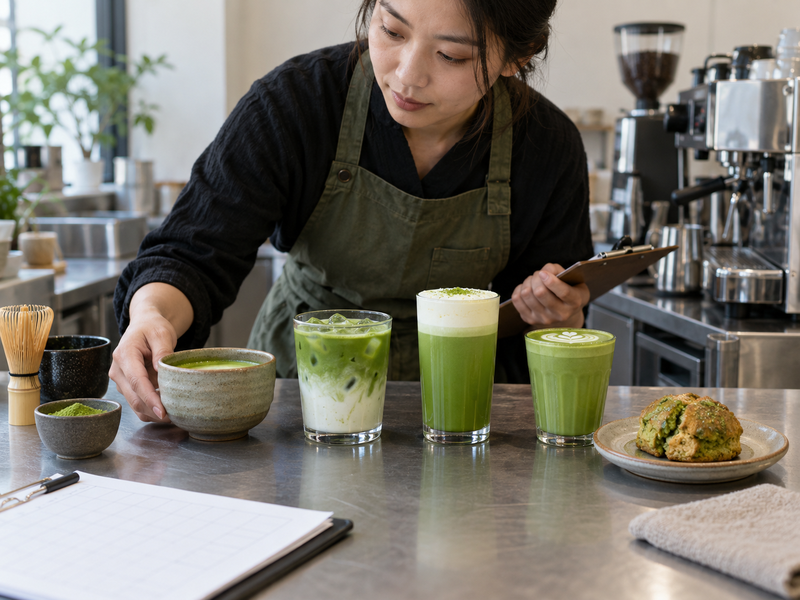 A team compares named matcha variations against one house base