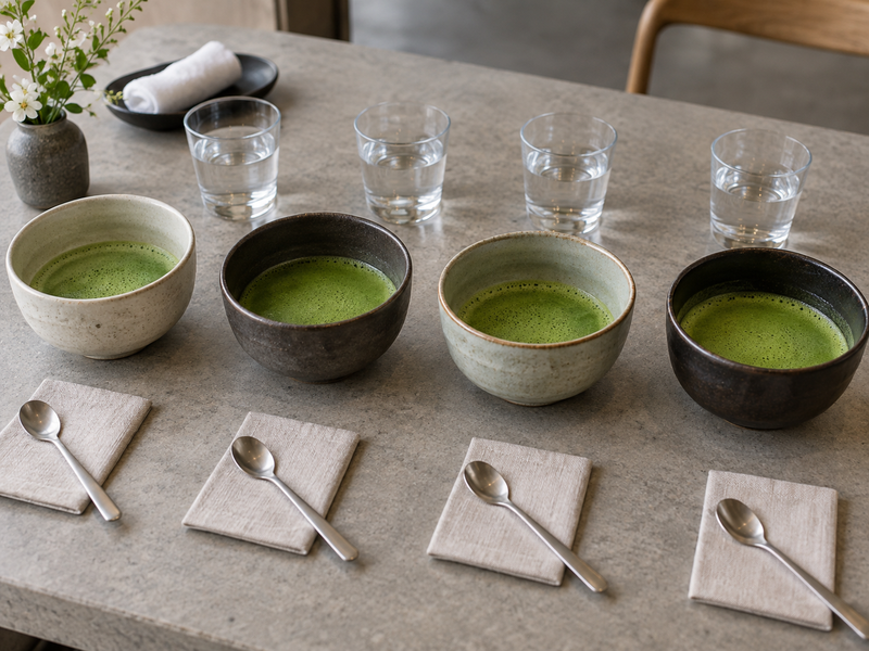 Unmarked matcha bowls arranged for a blind tasting