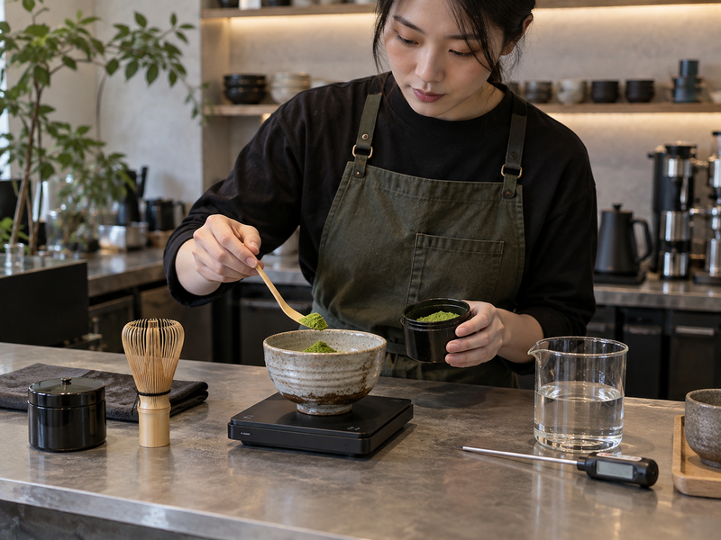 Barista weighing matcha and water for a repeatable sample