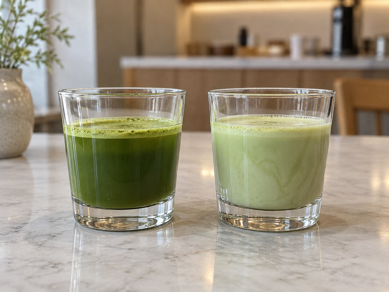 Matcha sampled in water and milk side by side