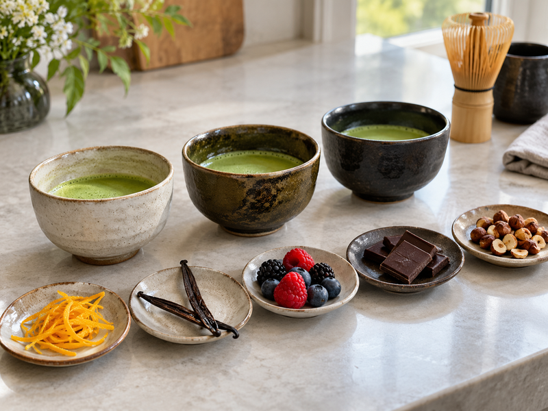 Small matcha pairing samples with citrus, vanilla, berries and chocolate