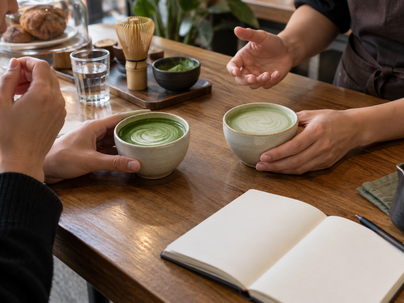 Barista and buyer comparing prepared matcha samples