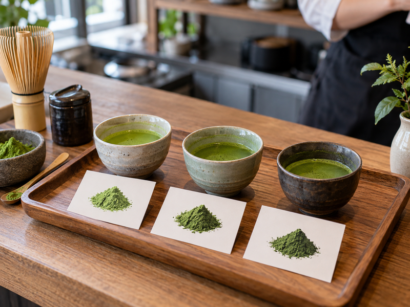 Three small matcha tasting cups are arranged in a clear comparison order