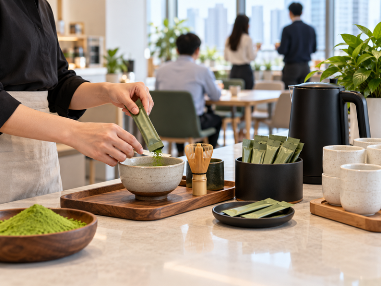 Office administrator preparing a shared matcha drink station with portion packs