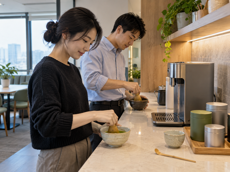 Shared office matcha drink station with cups and portion packs