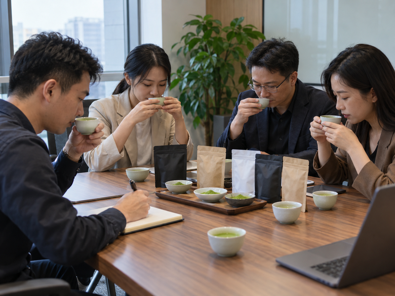 Office staff comparing small matcha drink samples