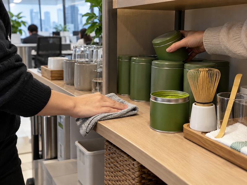 Office attendant cleaning and restocking a shared matcha station