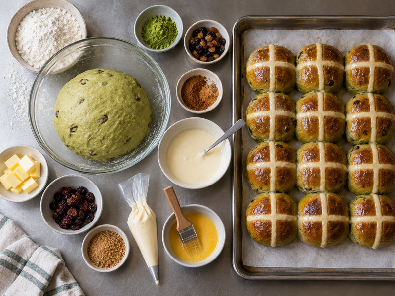 Cut matcha hot cross bun with even green crumb and visible fruit beside a bakery tasting sheet