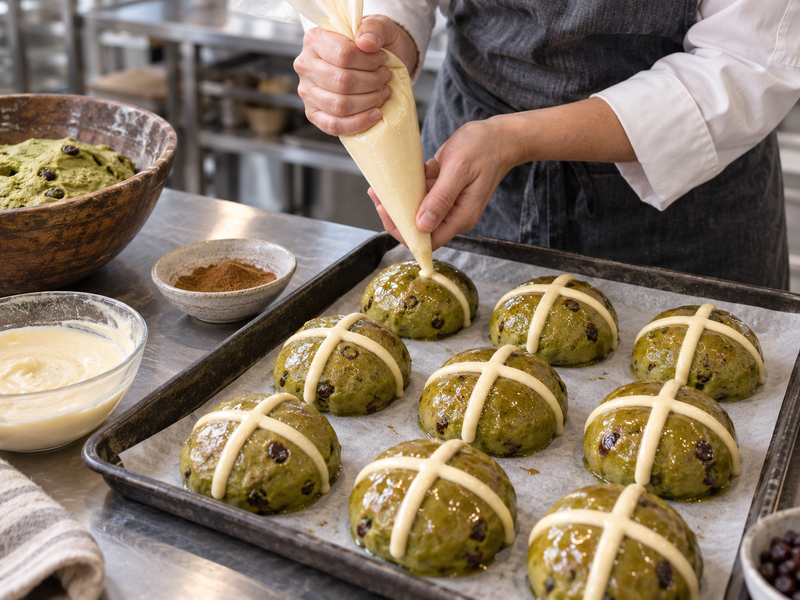 Three coded matcha dough trials with different tea doses weighed on a bakery scale