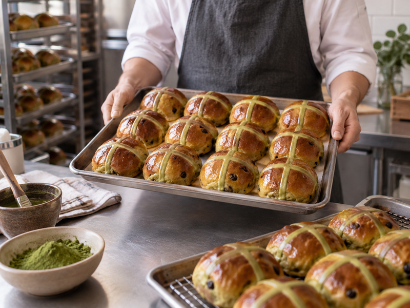 Baked matcha hot cross buns cooling on racks with a cut sample for crumb inspection