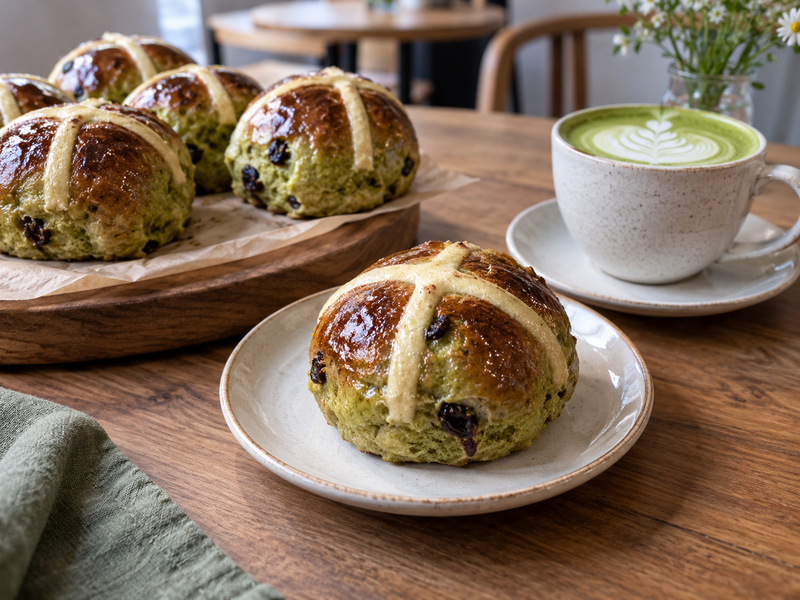 Seasonal bakery planning board beside approved matcha hot cross bun sample and ingredient records