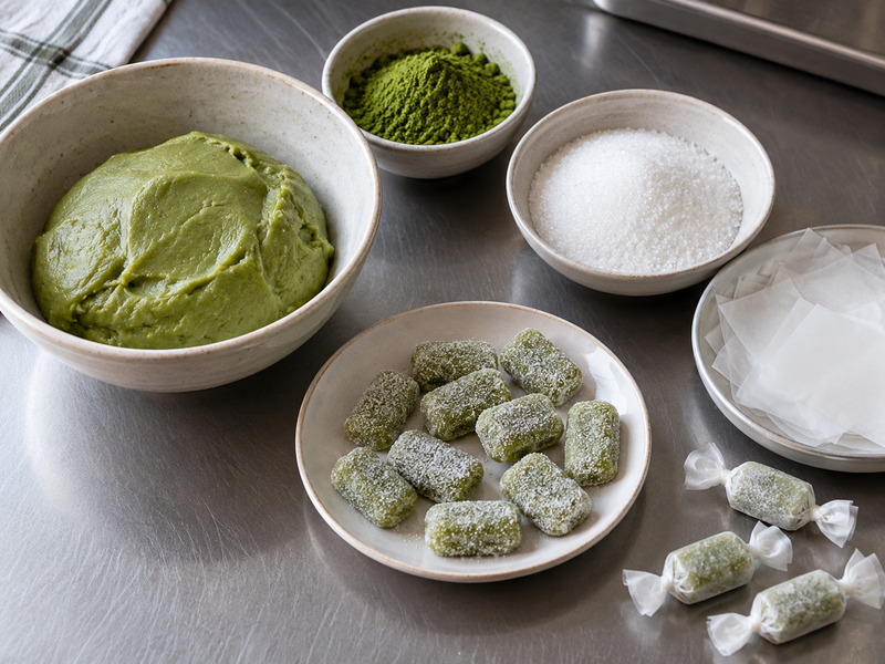 Individually wrapped matcha pastillas beside one unwrapped cylinder showing an even green interior