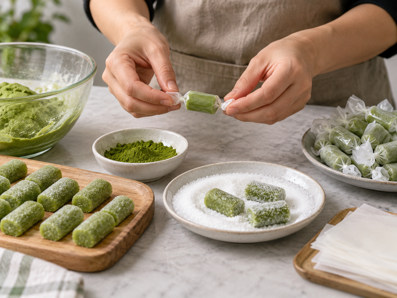 Cook folding a smooth matcha paste into a milk-candy dough with a cut sample nearby