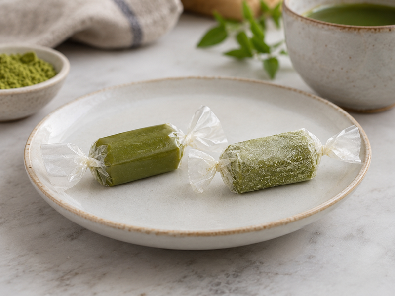 Matcha pastillas cylinders aligned on a cutting guide beside a digital scale