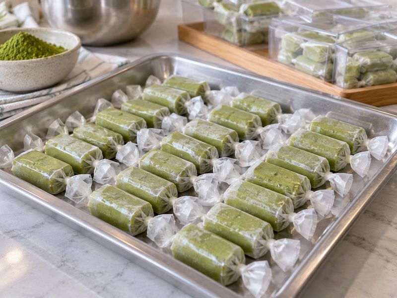 Pastillas wrapping station showing plain inner food-contact paper and decorative outer wraps