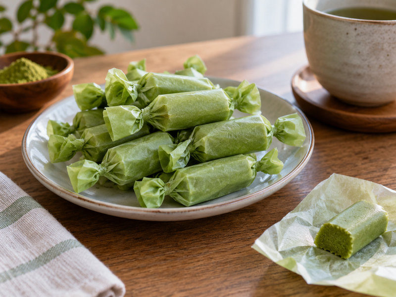 Buyer comparing wrapped matcha pastillas from two tea lots using a written sensory sheet