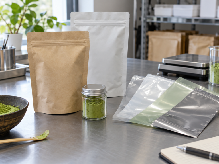 Illustrative matcha scene for matcha powder packaging article