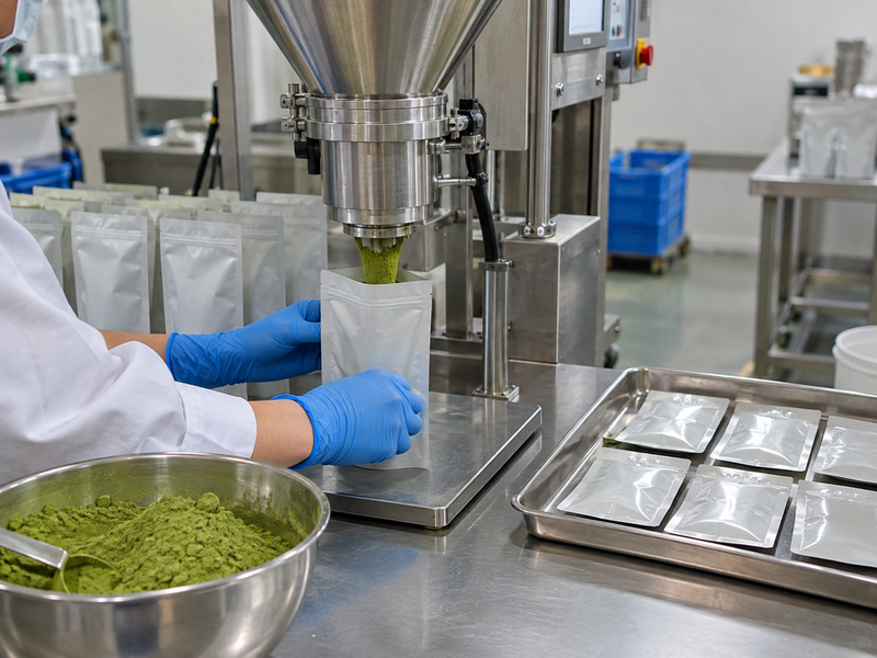 Opaque matcha packs and retained powder samples under storage review