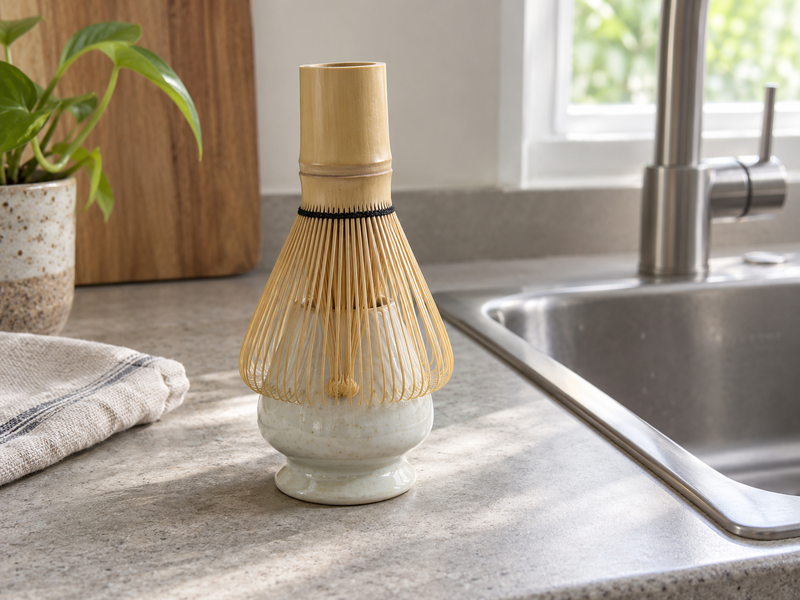 Matcha Set For Beginners: A freshly rinsed bamboo chasen drying on a ceramic whisk holder beside a clean sink, visible open tines and no standing water