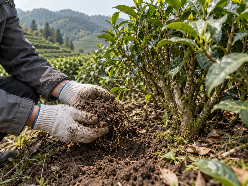 Soil examination below mature Chinese tea bushes