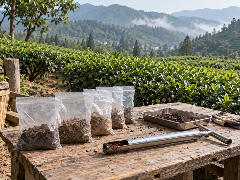 Unlabeled soil sample bags and tools by a Chinese tea garden