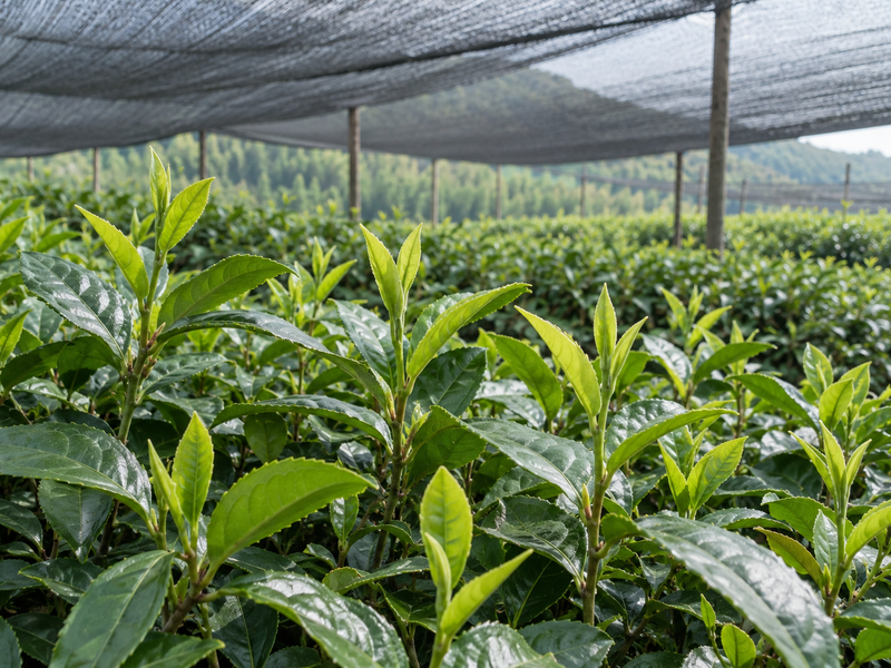 Young tea shoots and mature leaves below a shade canopy