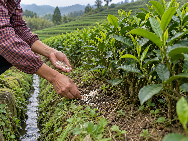 Tea grower applying material near root zone by garden rows