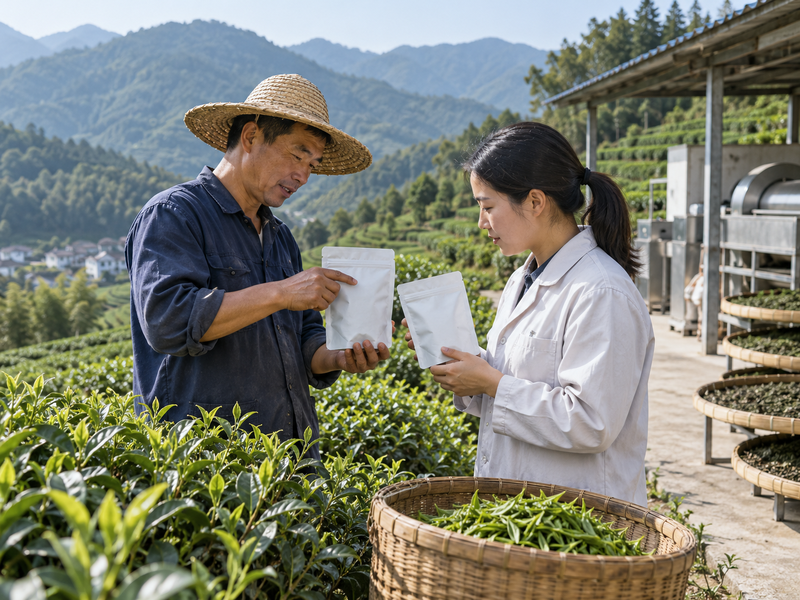 Chinese tea team examining field sample materials