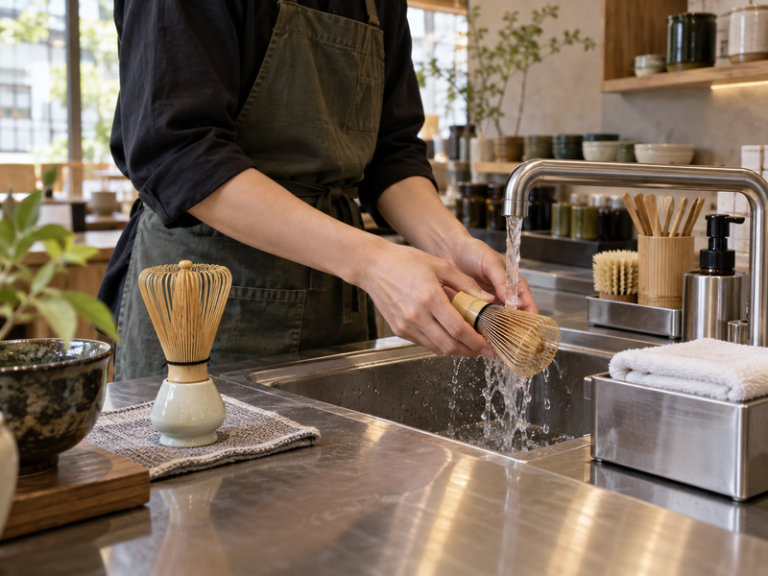 Barista rinsing a bamboo matcha whisk at a clean sink