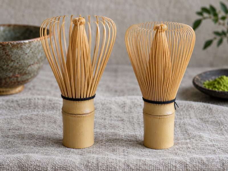Two bamboo chasen with different head profiles on a tea table
