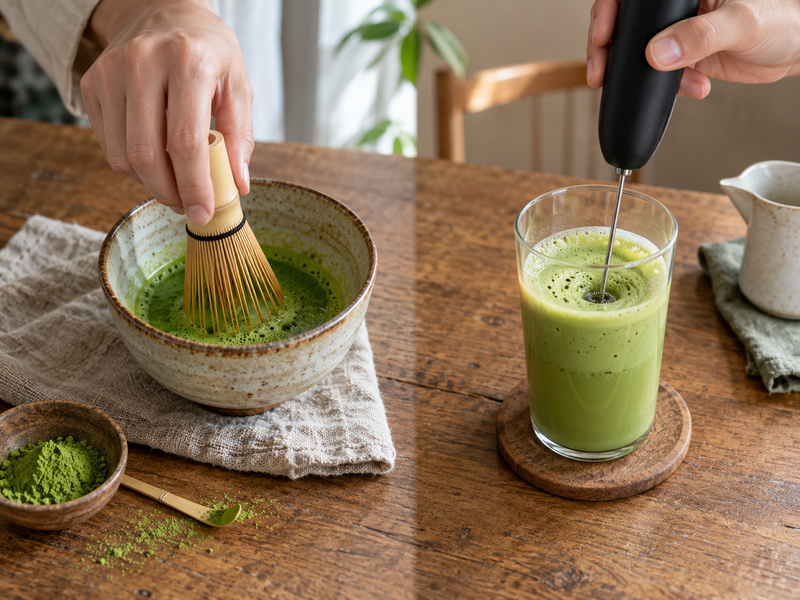 Matcha Whisk Prong Count: Split tabletop comparison with a bamboo chasen whisking matcha in a ceramic bowl and an electric handheld frother mixing matcha in a tall cup, no text