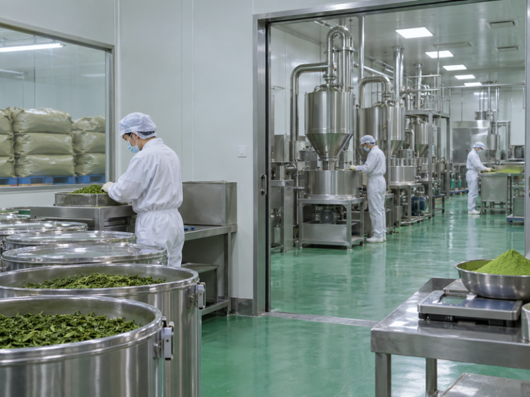 Tea processing area in an organic matcha factory