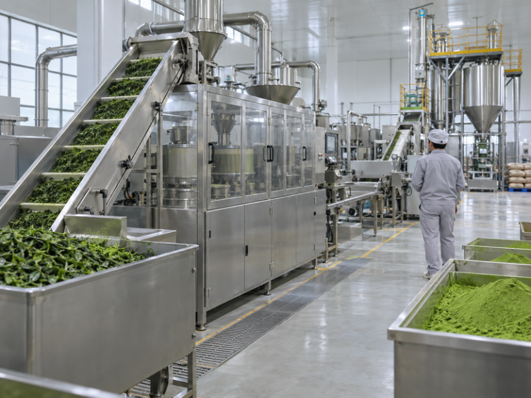 Matcha factory with tea processing equipment and leaf trays