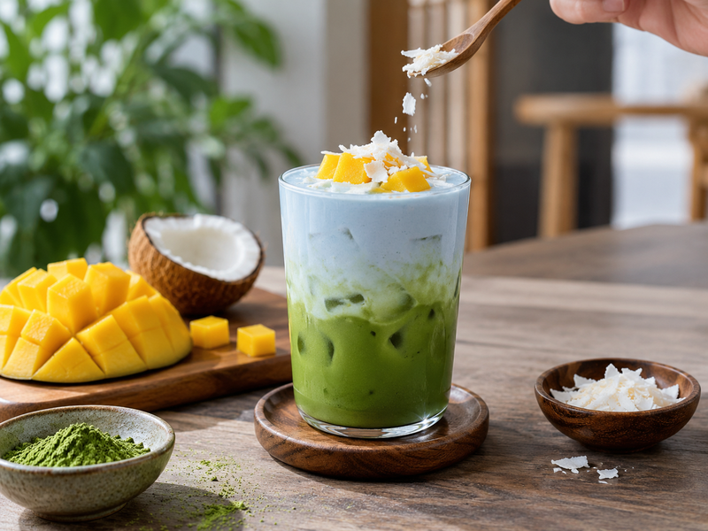 Iced blue coconut matcha with mango and coconut