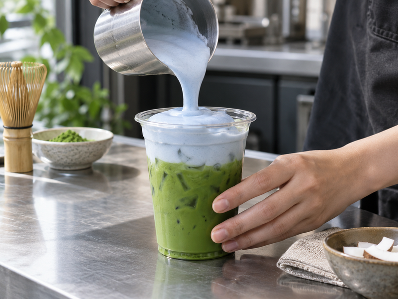Pale blue coconut foam poured onto iced matcha