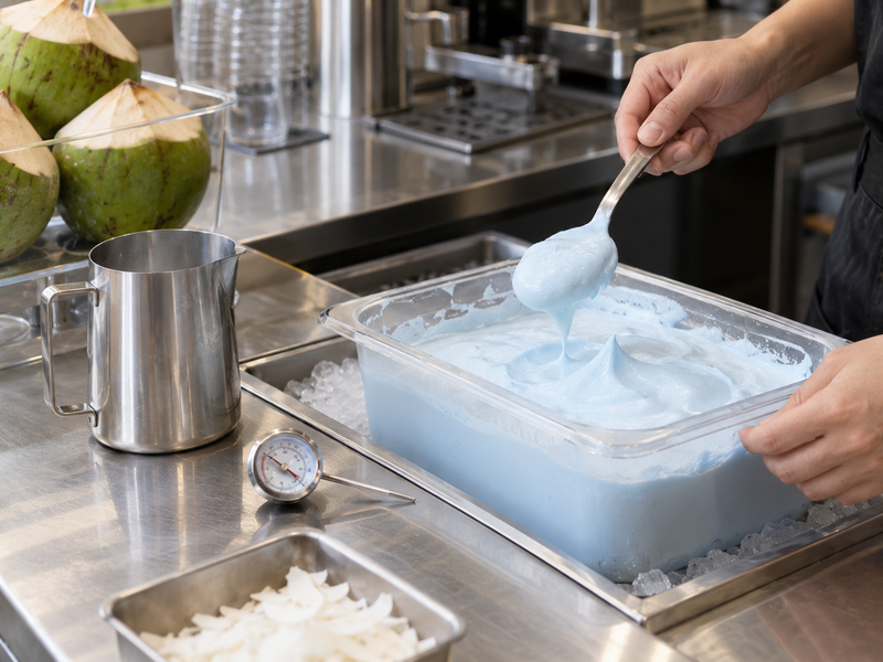 Cold foam held chilled in a foodservice container