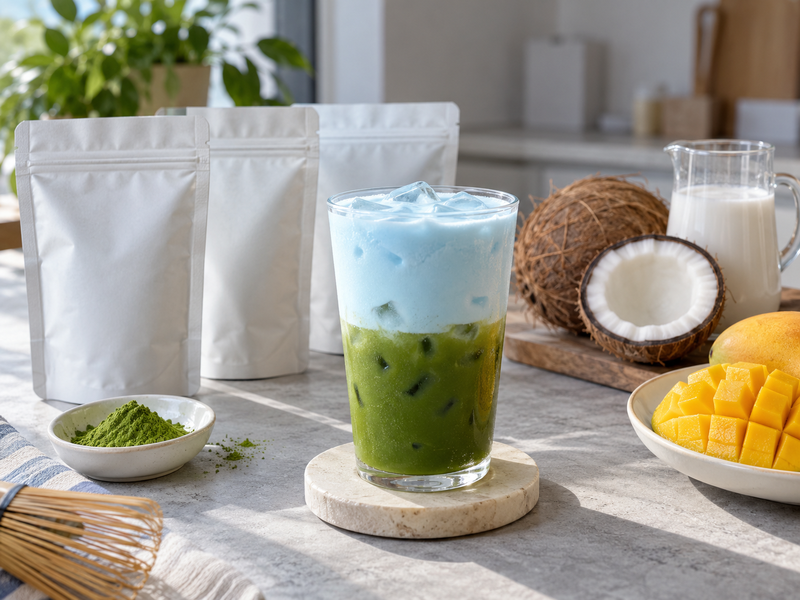 Supplier samples and an iced blue coconut matcha prototype
