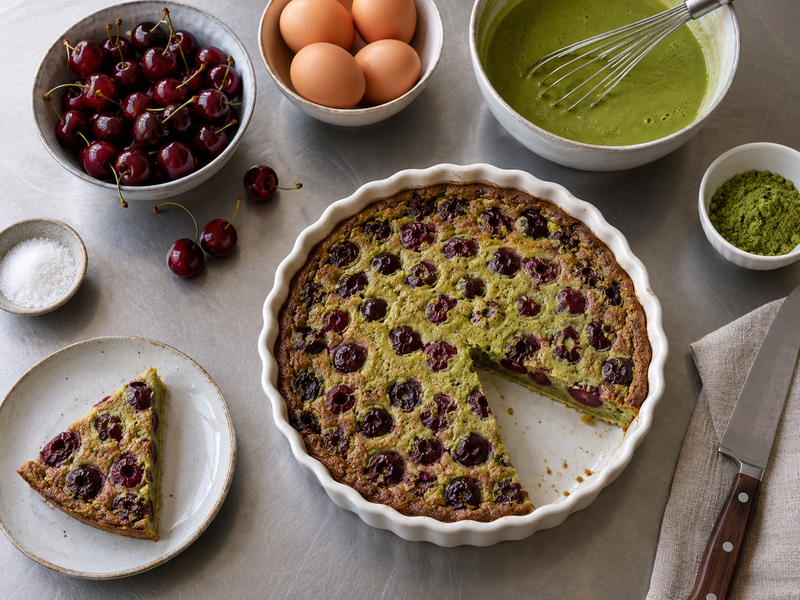 Cut matcha cherry clafoutis showing an even baked set and cherries through the slice