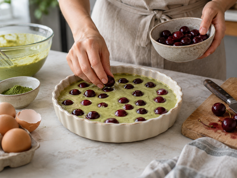 Bakery cook weighing fruit and matcha beside a measured clafoutis batter bowl