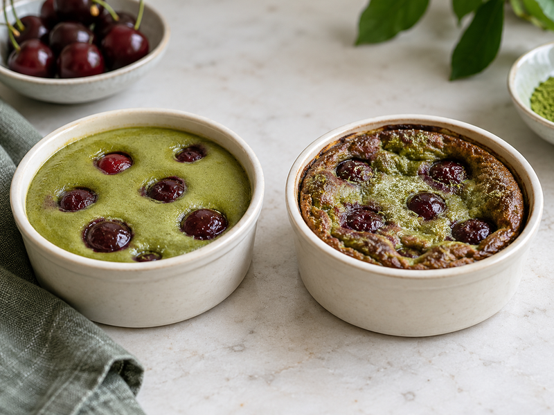Two matcha clafoutis test pans with equal batter mass but different fill depths