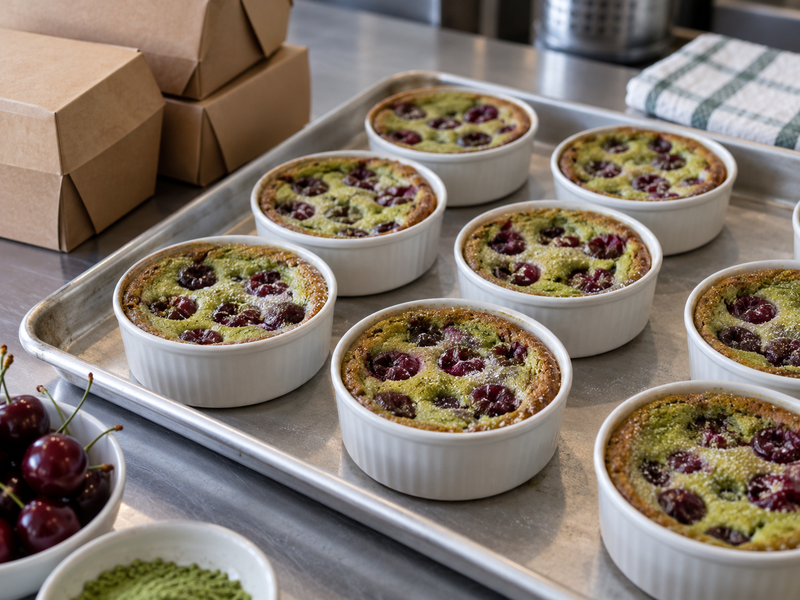 Bakery worker cutting cooled matcha clafoutis squares with a marked portion grid