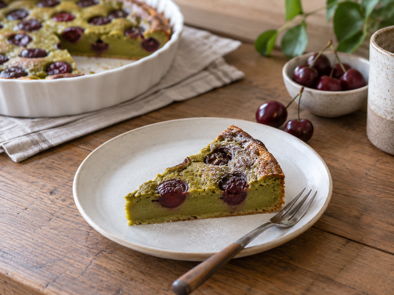 Buyer comparing cut clafoutis slices baked with two matcha lots beside a tasting record