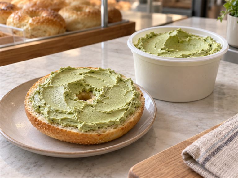 Bagel with matcha cream cheese beside an open foodservice tub