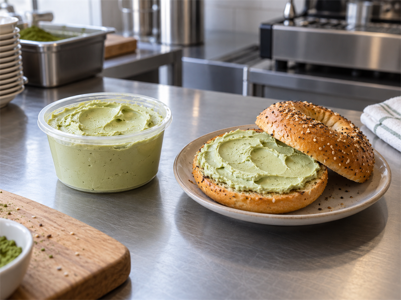 Finished matcha cream cheese spread and bagel on a commercial café test counter