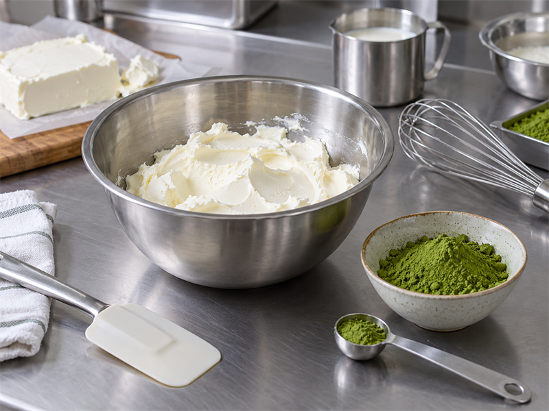 Matcha and cream cheese ingredients prepared for a dairy application trial