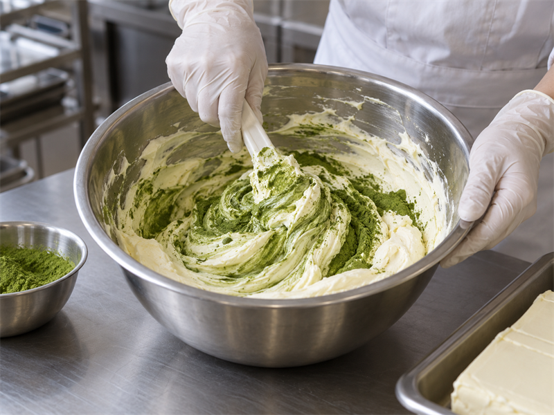 Commercial mixing of matcha into a cream cheese base