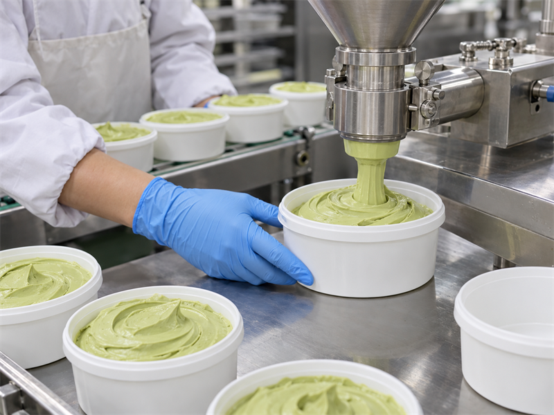 Unbranded tubs filled with matcha cream cheese on a commercial packing line